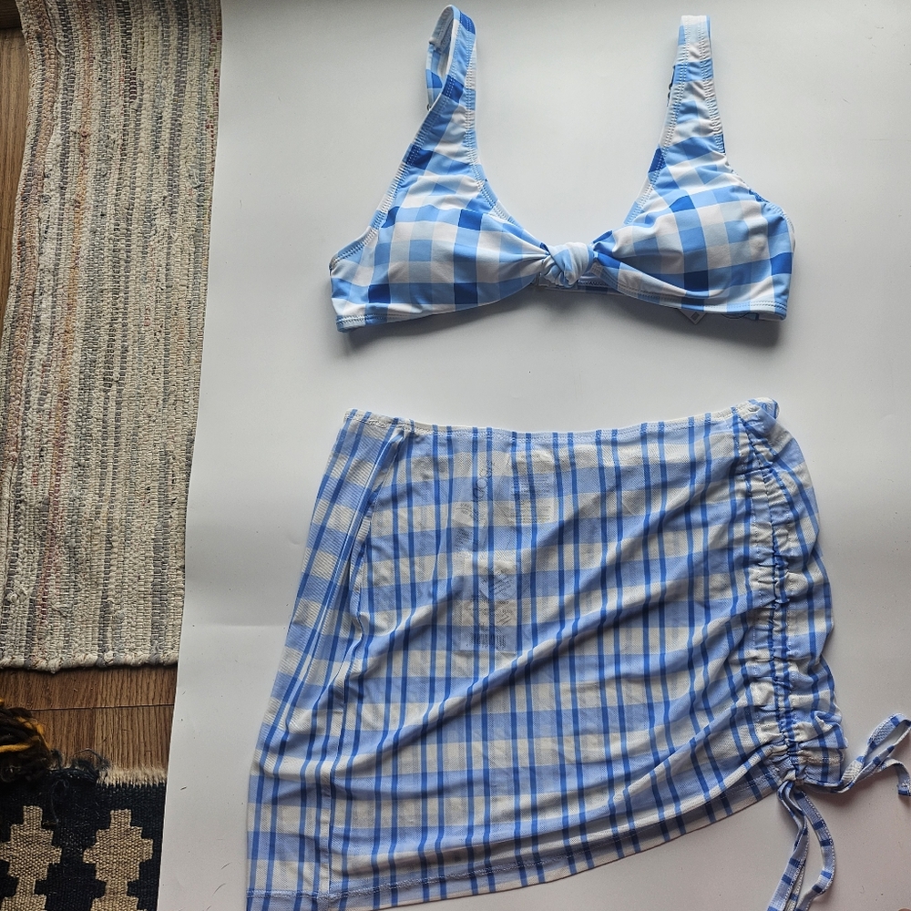 Blue and White Checkered Bikini Top And Cover Up